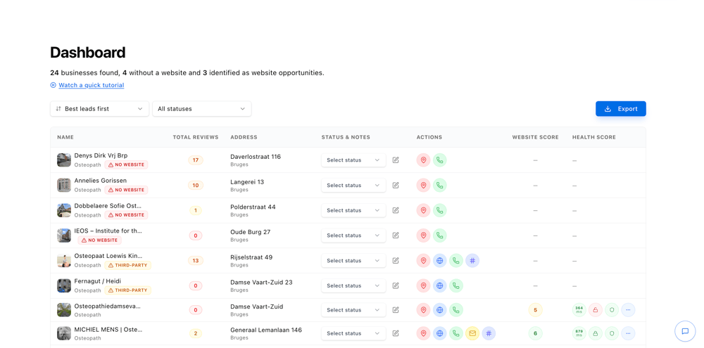 Dashboardpagina van Webleadr: een lijst van potentiële webdesignklanten. Gesorteerd met de beste leads eerst, beginnend met bedrijven zonder websites.