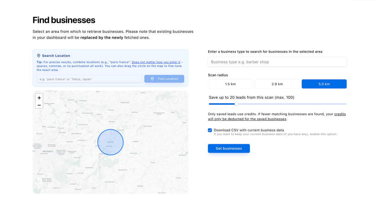 Find Businesses pagina in Webleadr
