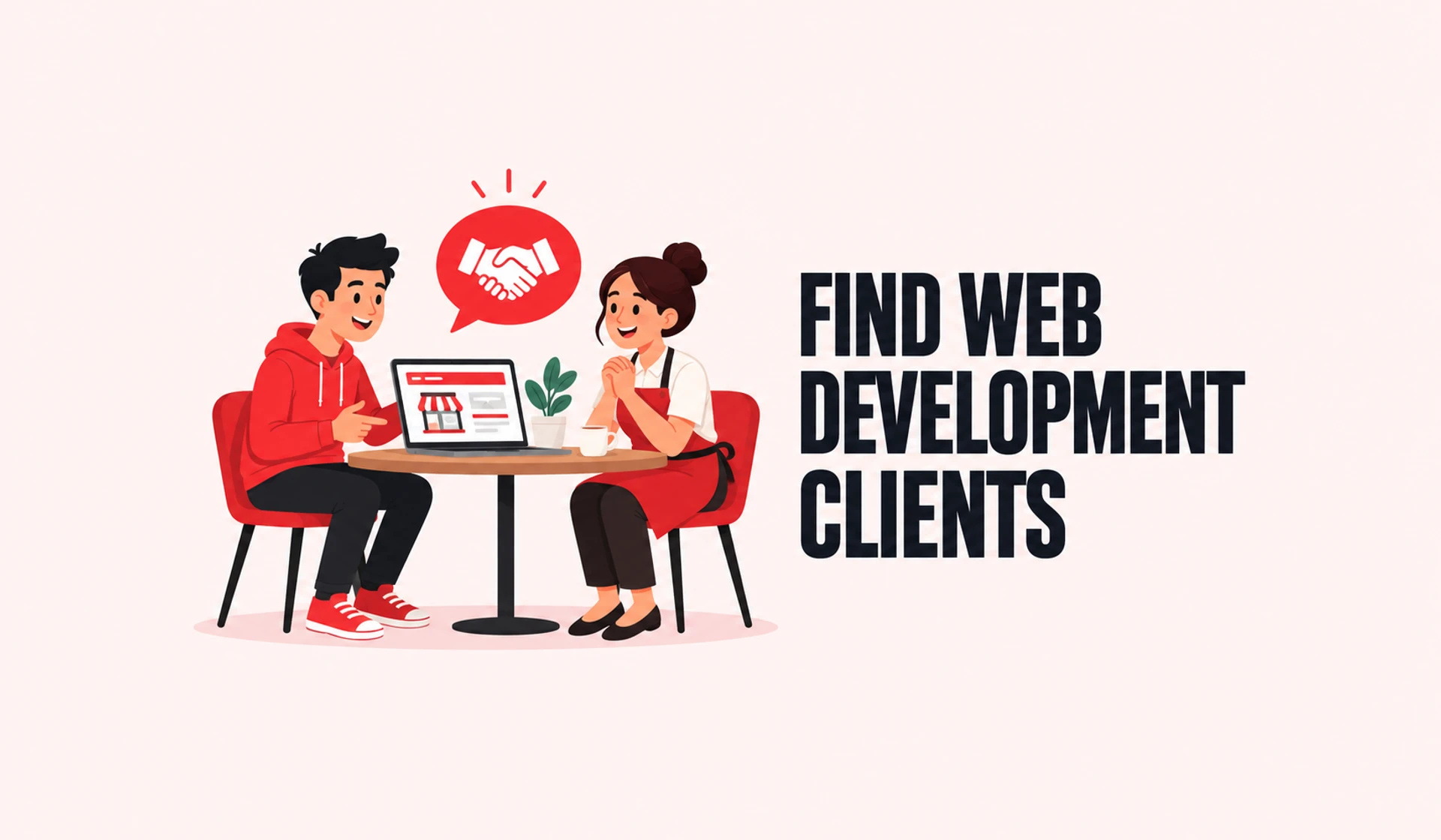 A web developer presents a business website to a shop owner, with a handshake symbol above them.