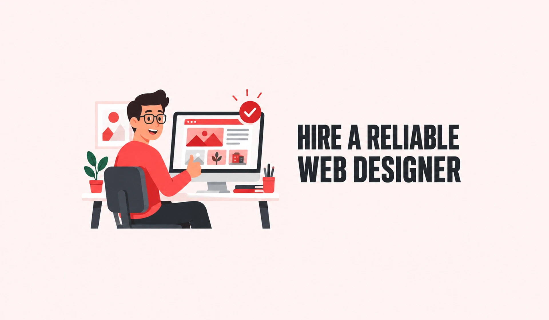 A web designer presenting a portfolio with an approval check, in red on a pale blush background.