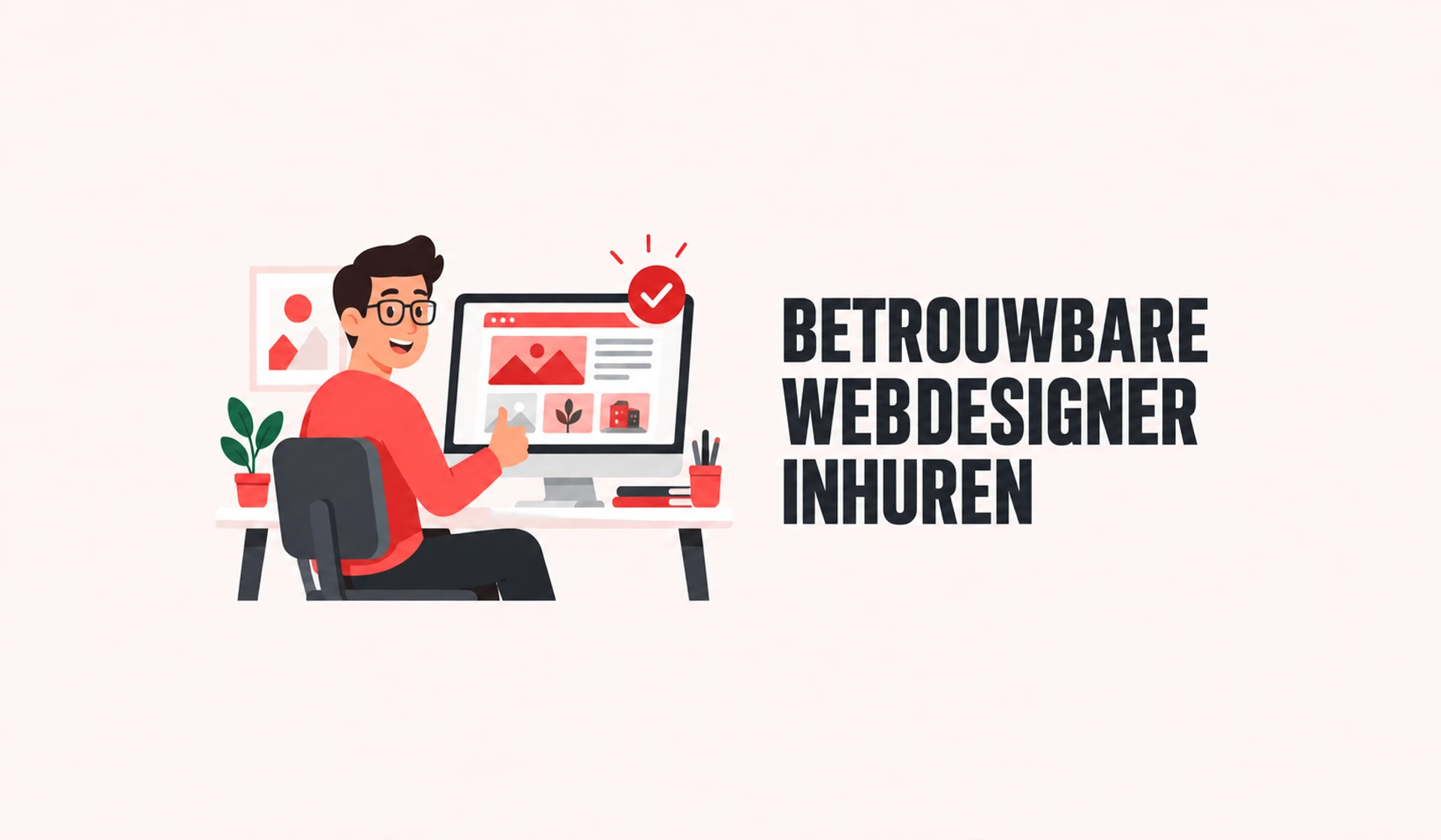 Een webdesigner toont een portfolio met een goedkeuringsvinkje, in rood op een lichtroze achtergrond.