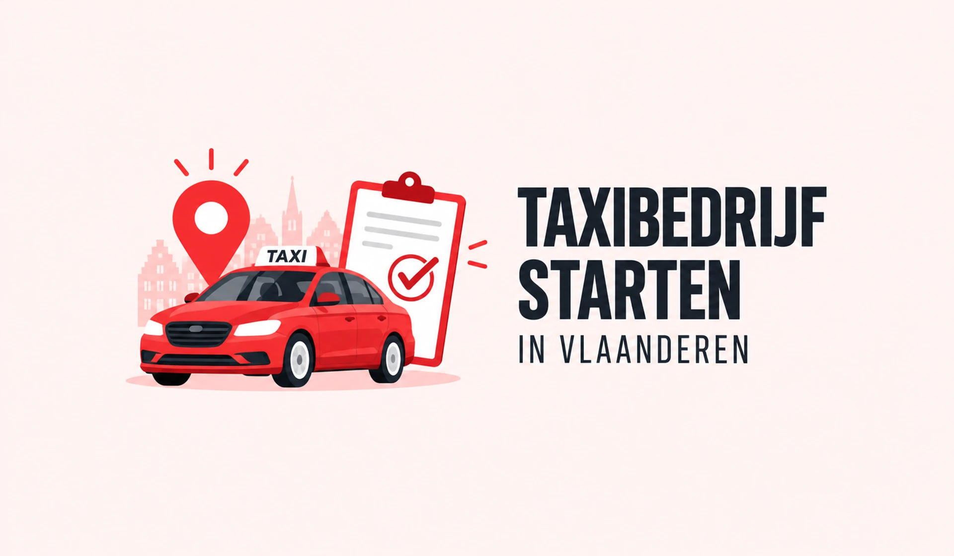 Een rode taxi met een locatiepin en vergunningsdocumenten op een lichtroze achtergrond.