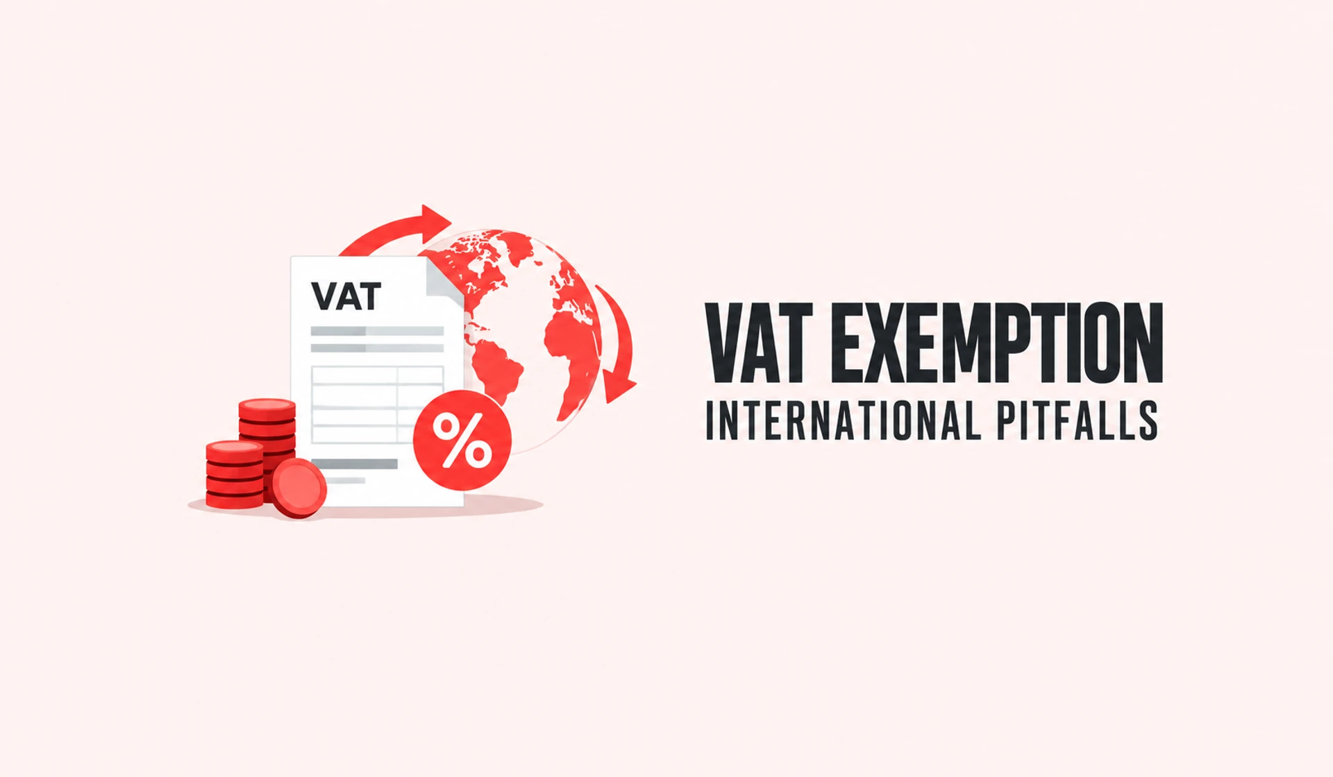 An invoice, globe, percentage symbol and coins illustrating international VAT considerations.
