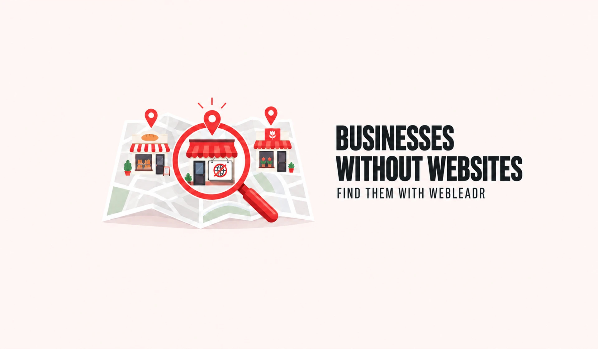 A red magnifying glass highlights a shop without a website among businesses on a map.