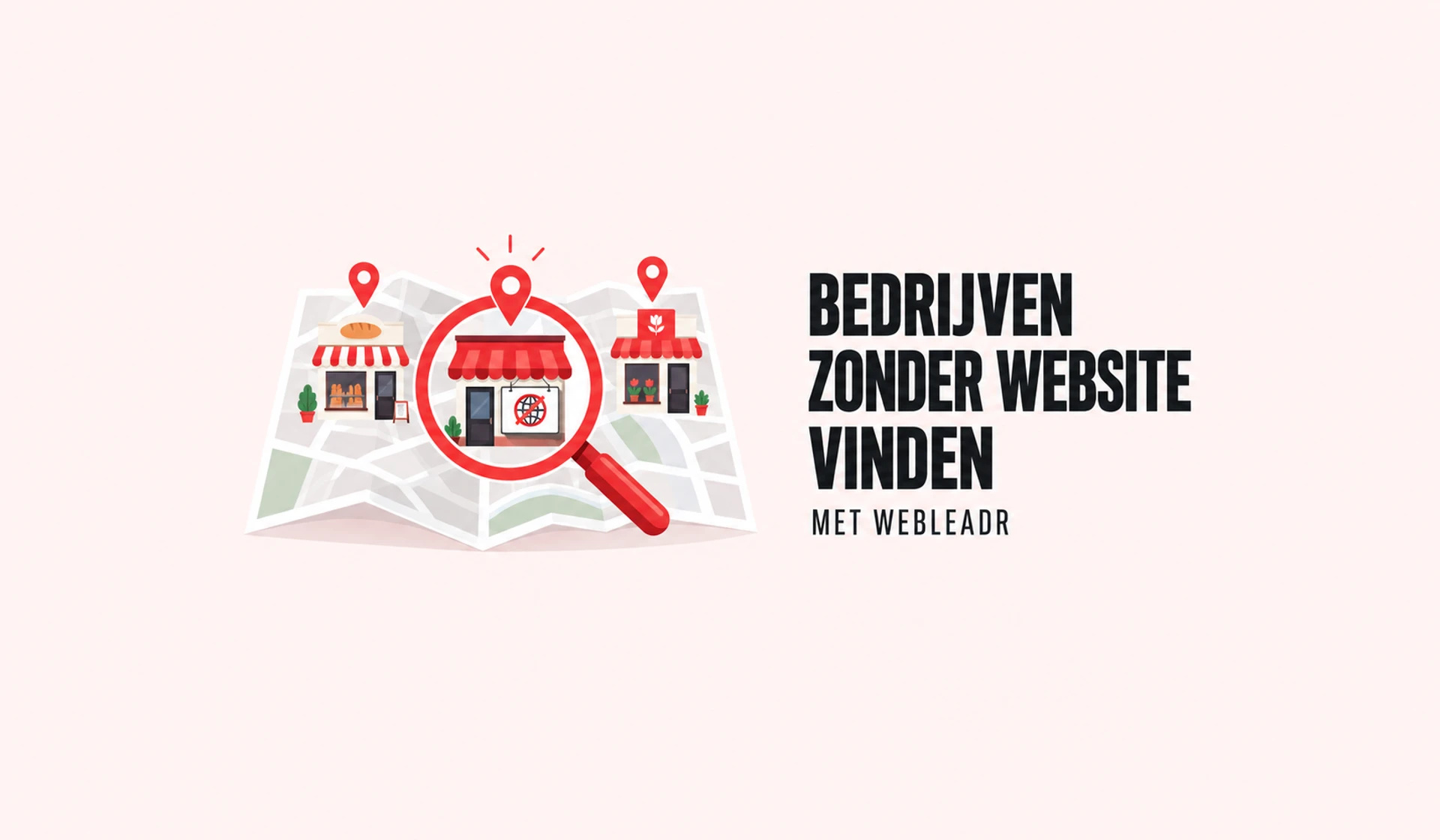 Een rood vergrootglas licht een winkel zonder website uit tussen bedrijven op een kaart.