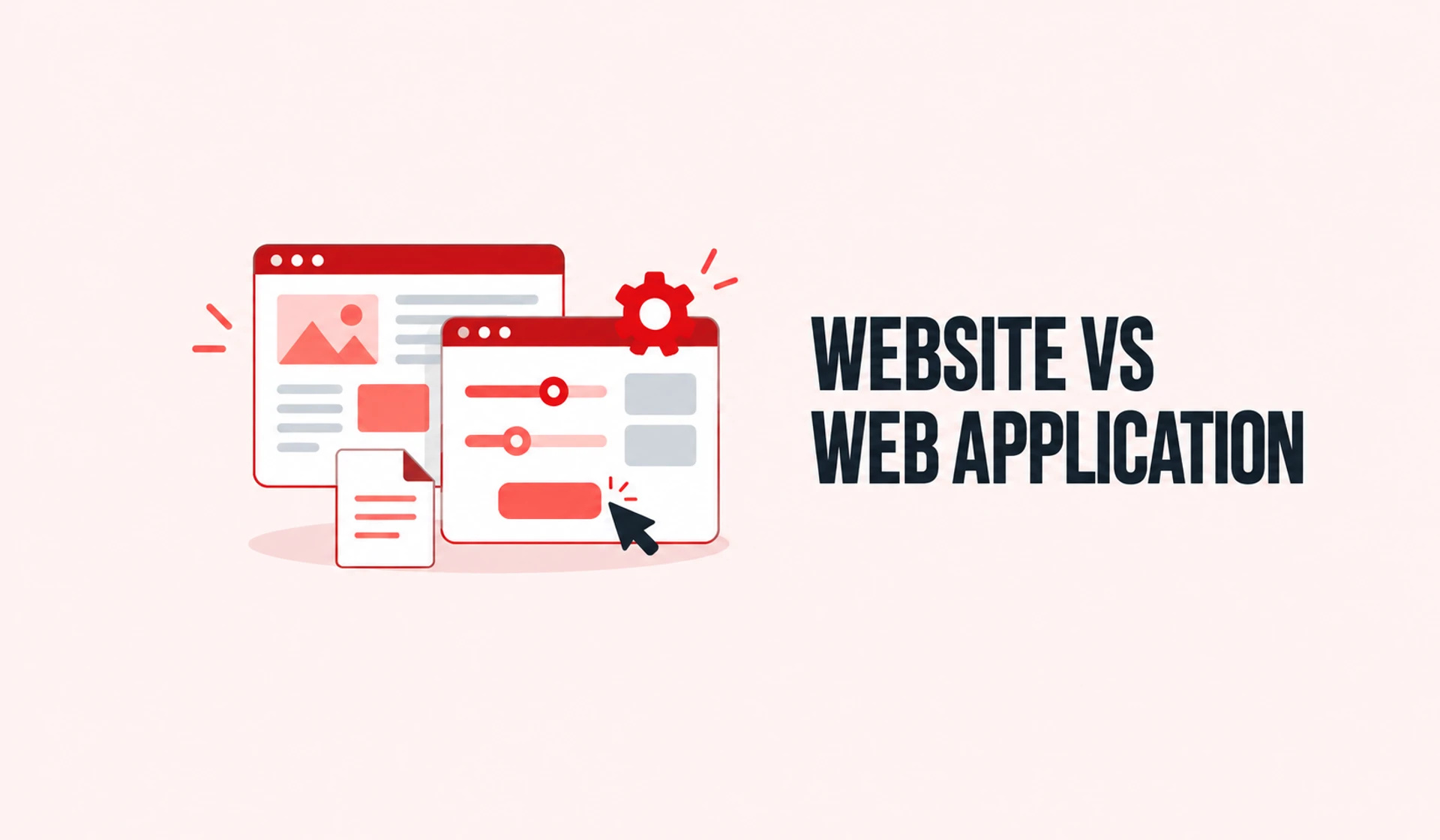 Illustrated website and interactive application windows with red controls on a pale blush background.