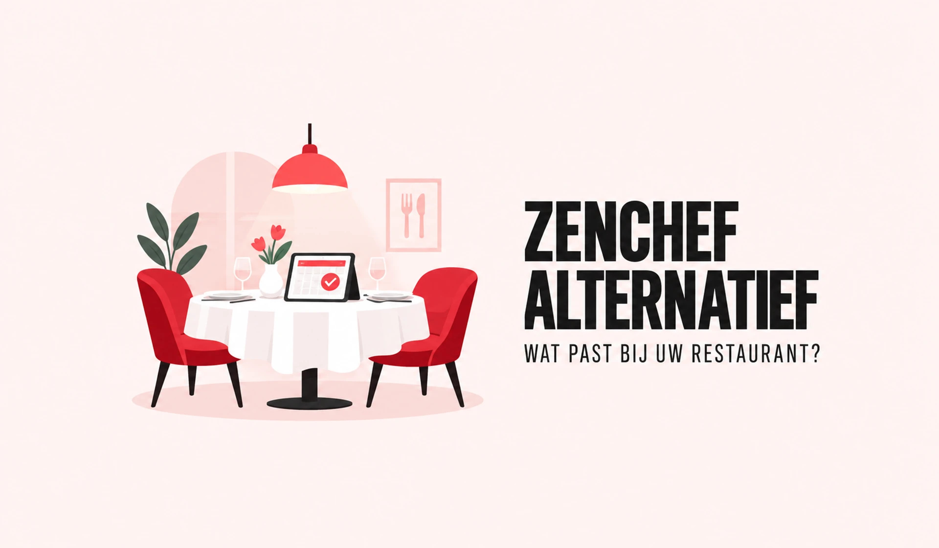 Een restauranttafel met rode stoelen en een tablet met een reservatiekalender op een lichtroze achtergrond.