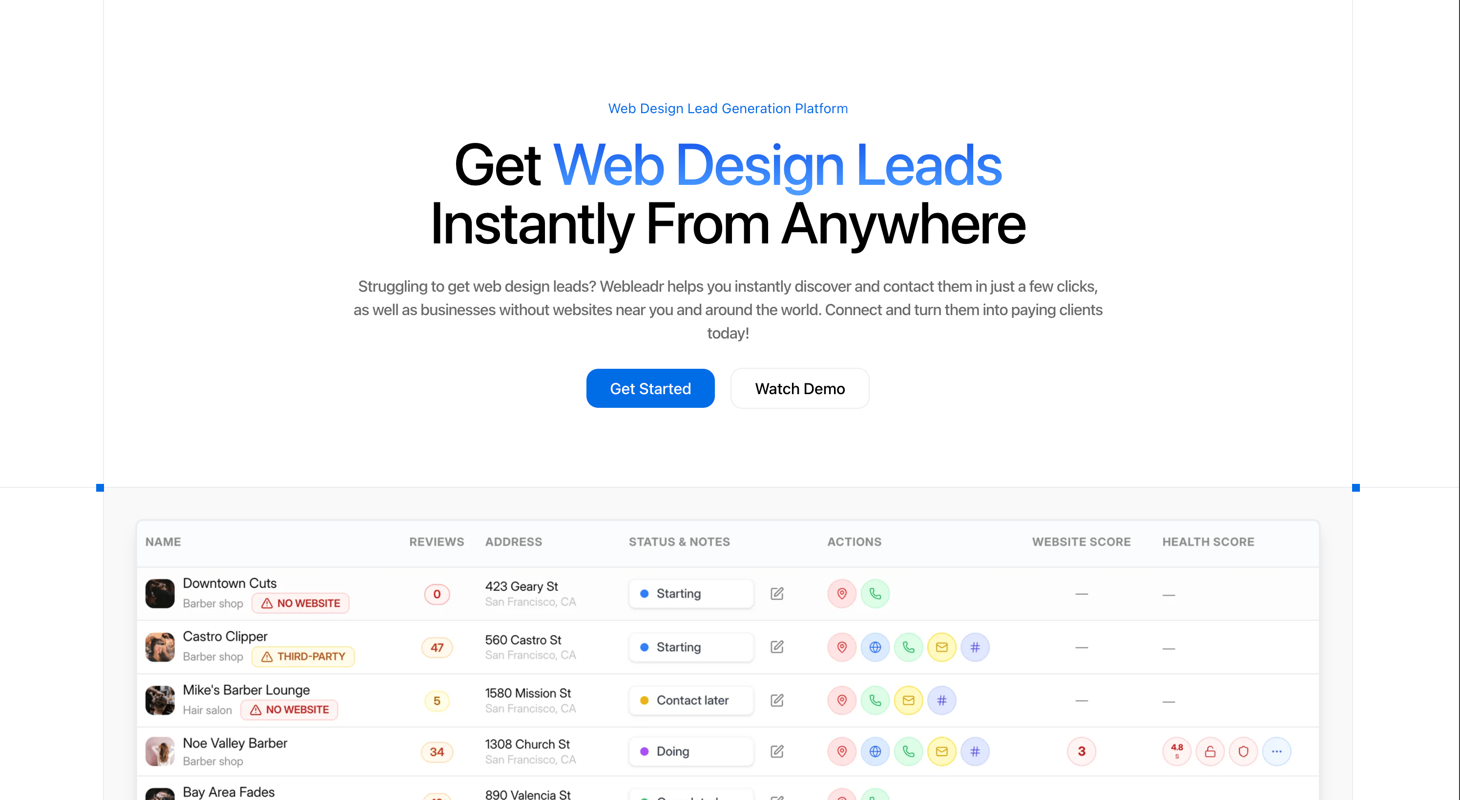 A hero section of the landing page of Webleadr website. A table is displayed with leads such as companies without websites, thid party website users, etc.