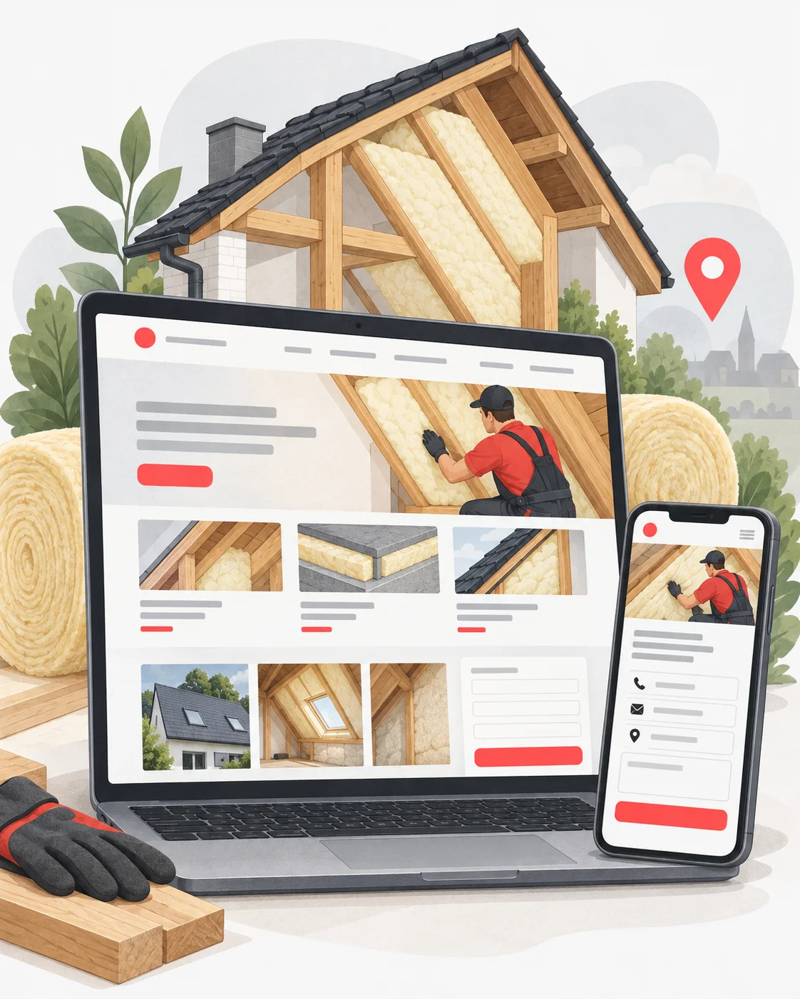 Illustratie van een isolatiewebsite op laptop en gsm, met diensten, projectfoto’s en een offerteformulier.
