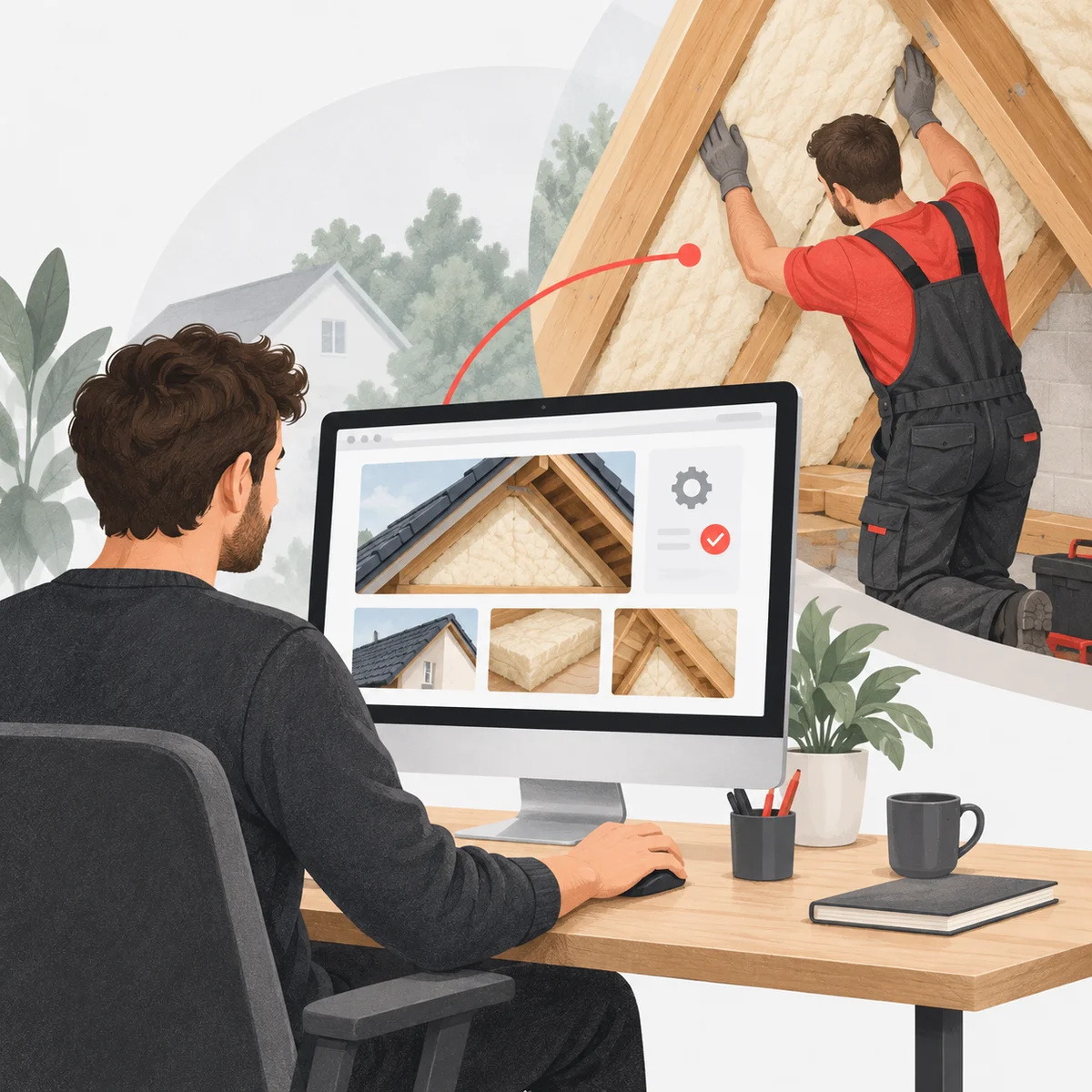 Illustratie van een webontwikkelaar die een isolatiewebsite onderhoudt terwijl een vakman dakisolatie plaatst.