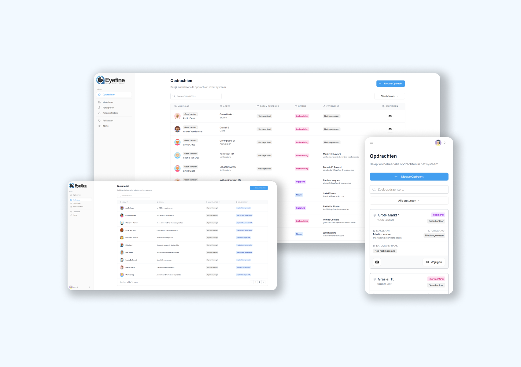 Three webpages of Eyefine: dashboard on both large and small screens and real estate agent page.
