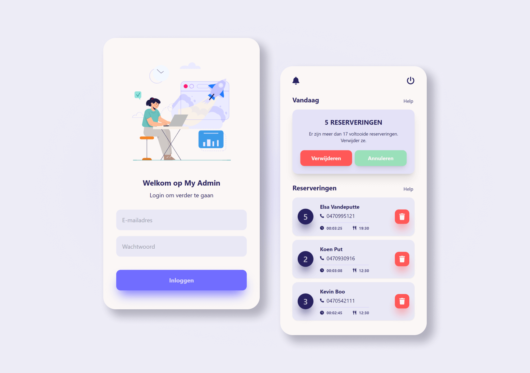 Login and dashboard page of My Admin application.