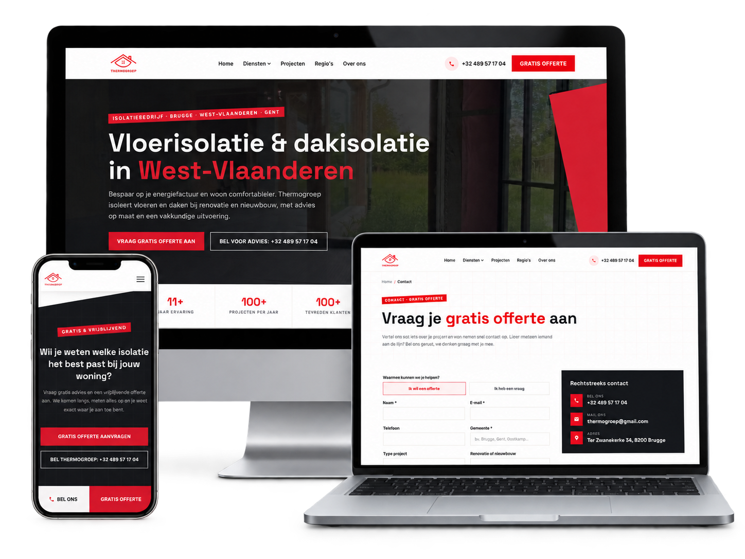 Website voor isolatiebedrijf Thermogroep op desktop, laptop en smartphone, met diensten en een offerteformulier.