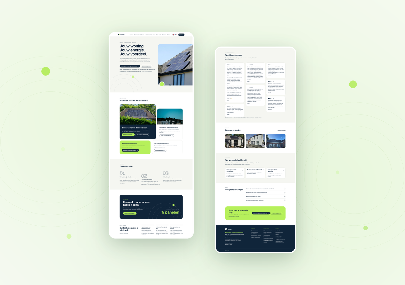 Two pages of the Voordex website: the homepage with services and the solar panel calculator, and a page with customer reviews, recent projects and FAQ.