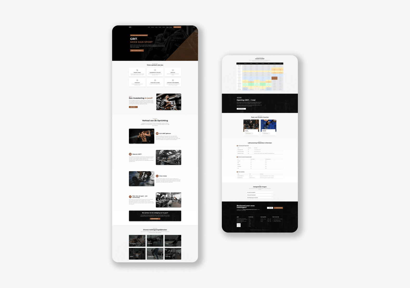 Dashboard en planning schermen van de GRIT. fitness applicatie.